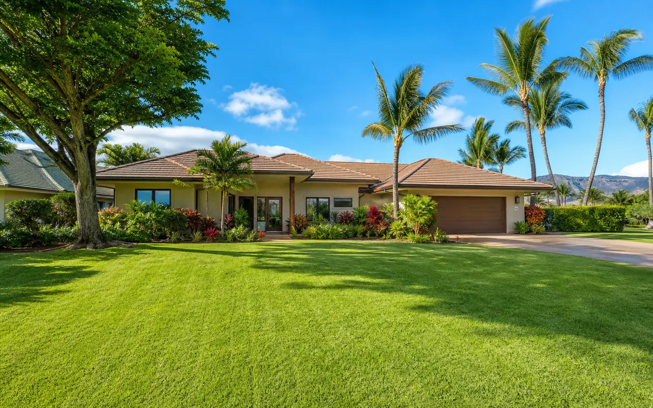 Freshly mowed tropical front lawn on Oahu