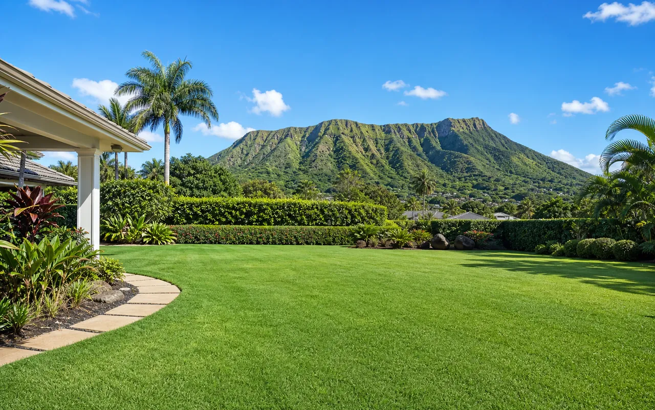 Wide manicured backyard lawn with mountain backdrop